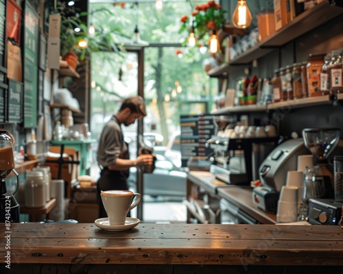 a coffee shop with a man working behind the counter