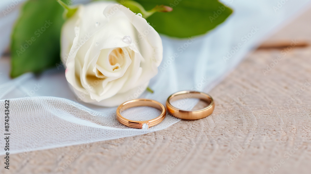 Elegant Wedding Rings with White Rose Petal. Beautiful Romance Detail for Special Wedding Days Elegant Wedding Rings with White Rose Petal. Beautiful Romance Detail for Special Wedding Days
