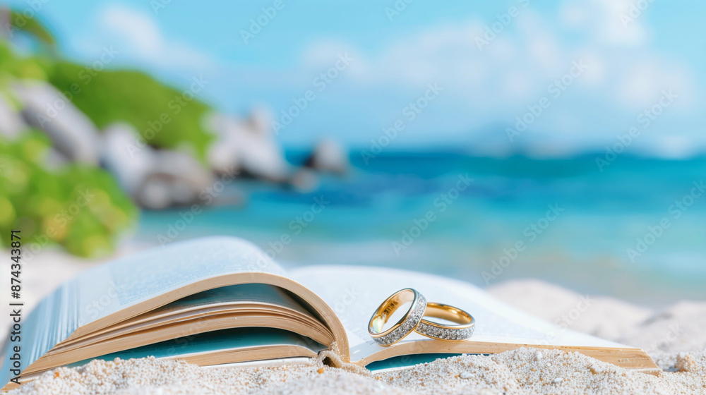 Romantic Beach Wedding with Open Book and Wedding Rings. Scenic Tropical Destination for Honeymoon Romantic Beach Wedding with Open Book and Wedding Rings. Scenic Tropical Destination for Honeymoon