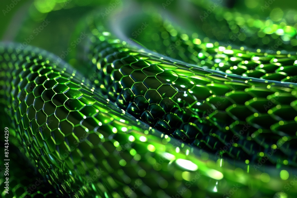 Close-up of a snake's vibrant green scales with a glossy texture, reflecting light Close-up of a snake's vibrant green scales with a glossy texture, reflecting light
