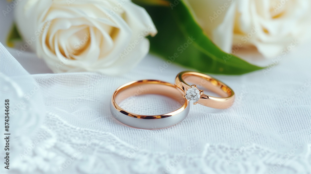Romantic Wedding Rings Display. Elegant Gold and Diamond Rings with White Roses Romantic Wedding Rings Display. Elegant Gold and Diamond Rings with White Roses