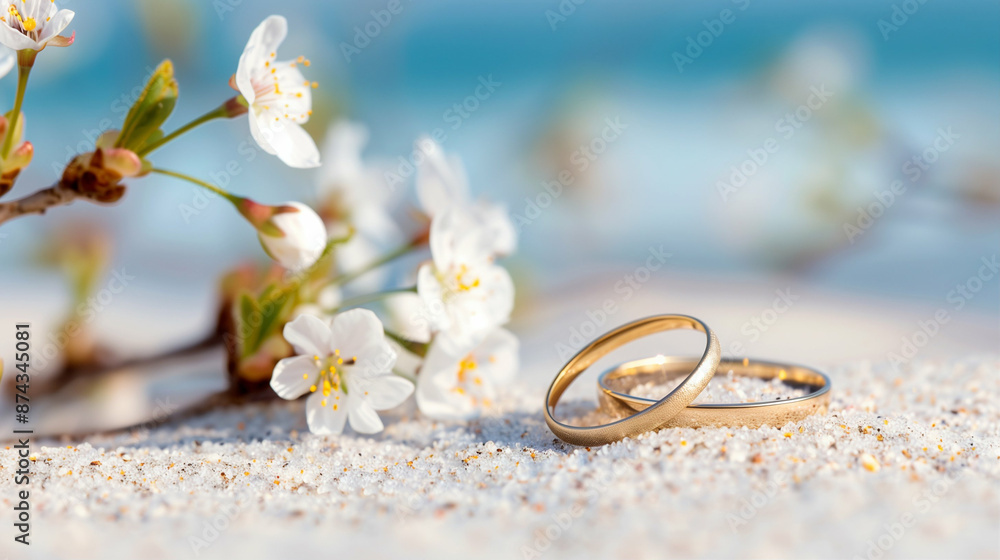 Beautiful Beach Wedding with Gold Rings and Spring Blossoms. Perfect Outdoor Celebration with Nature's Best Elements Beautiful Beach Wedding with Gold Rings and Spring Blossoms. Perfect Outdoor Celebration with Nature's Best Elements