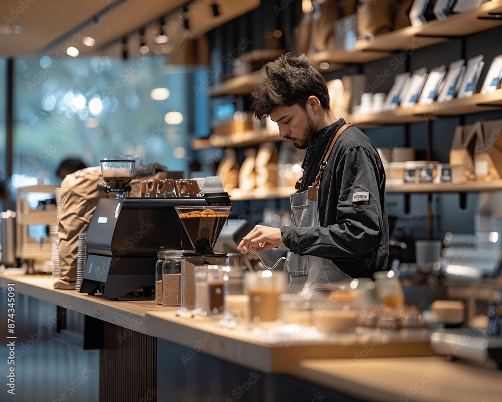 a man standing at a counter in a coffee shop a man standing at a counter in a coffee shop