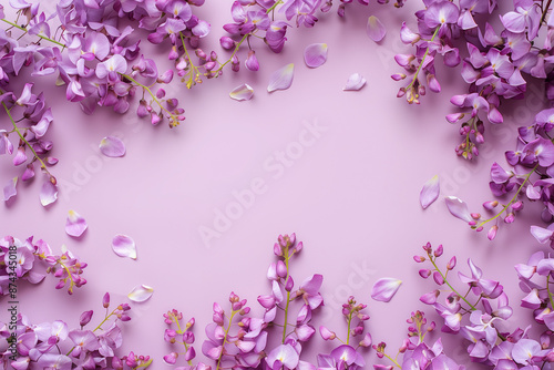 Cornice di fiori di glicine su sfondo lilla