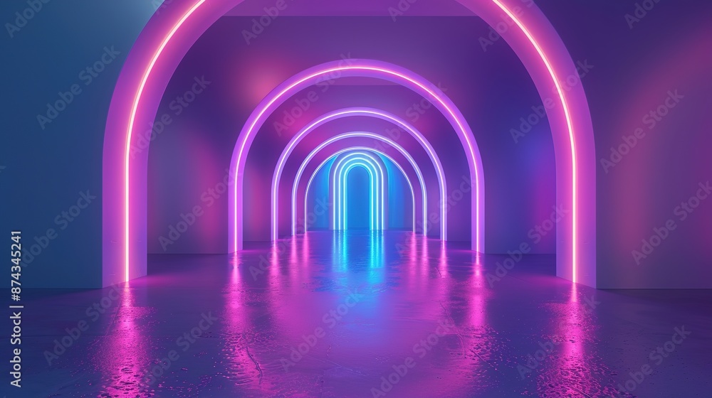Neon arches in a row with a futuristic glow and reflective floor Neon arches in a row with a futuristic glow and reflective floor