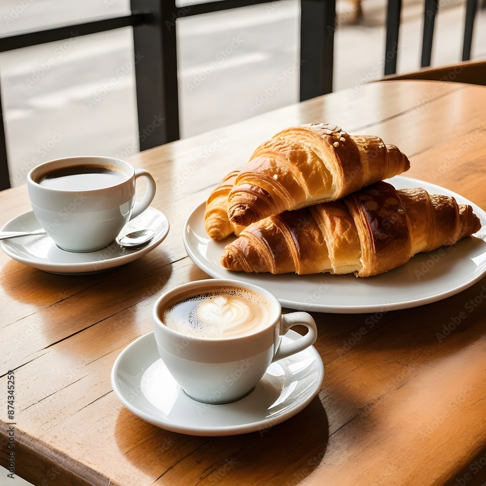 A cafe table with coffee and croissant in a warm environment A cafe table with coffee and croissant in a warm environment