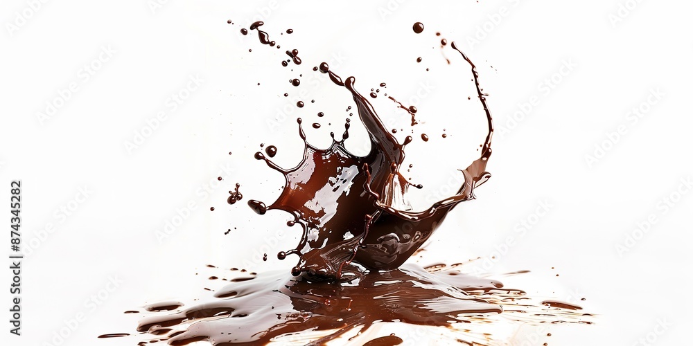 Dynamic chocolate splash against white background with droplets Dynamic chocolate splash against white background with droplets