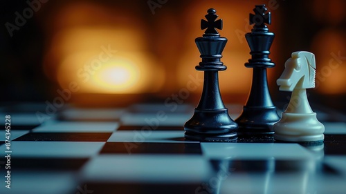 Close-up of chess pieces on board, focused king and knight, with blurred background photo