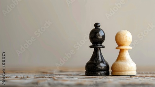 Black and white chess pawns on board against neutral background photo