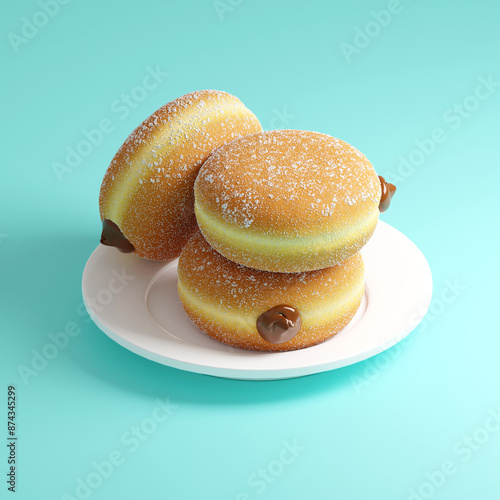 Italian bombolone donuts, chocolate flavor, on a plate, 3D Illustration photo