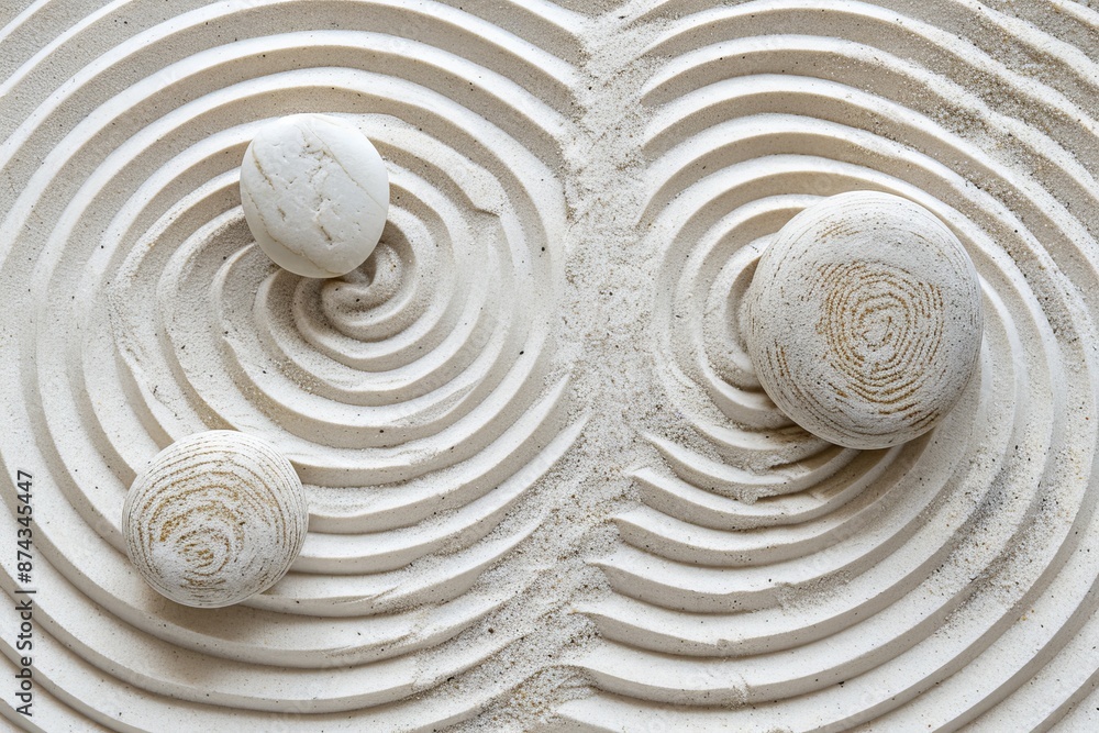 Naklejka premium Tranquil zen rock garden with circular patterns in white sand, top view for serene reflection