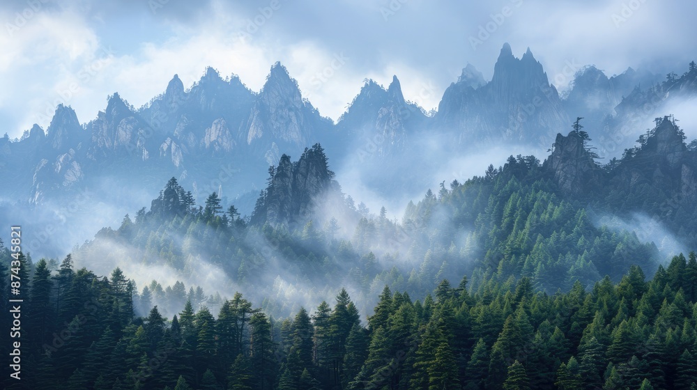A serene mountain landscape with a range of jagged peaks and dense pine forests, blanketed in morning mist. A serene mountain landscape with a range of jagged peaks and dense pine forests, blanketed in morning mist.