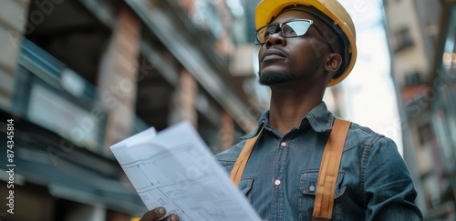 Construction Worker Reviewing Plans on City Street
