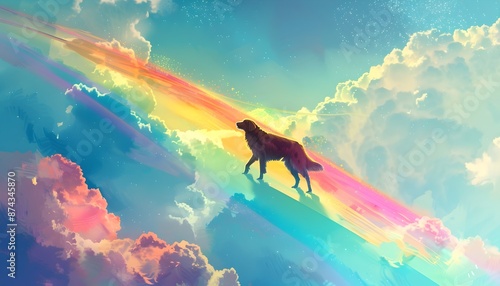 Hund geht über den Regenbogen in den Himmel