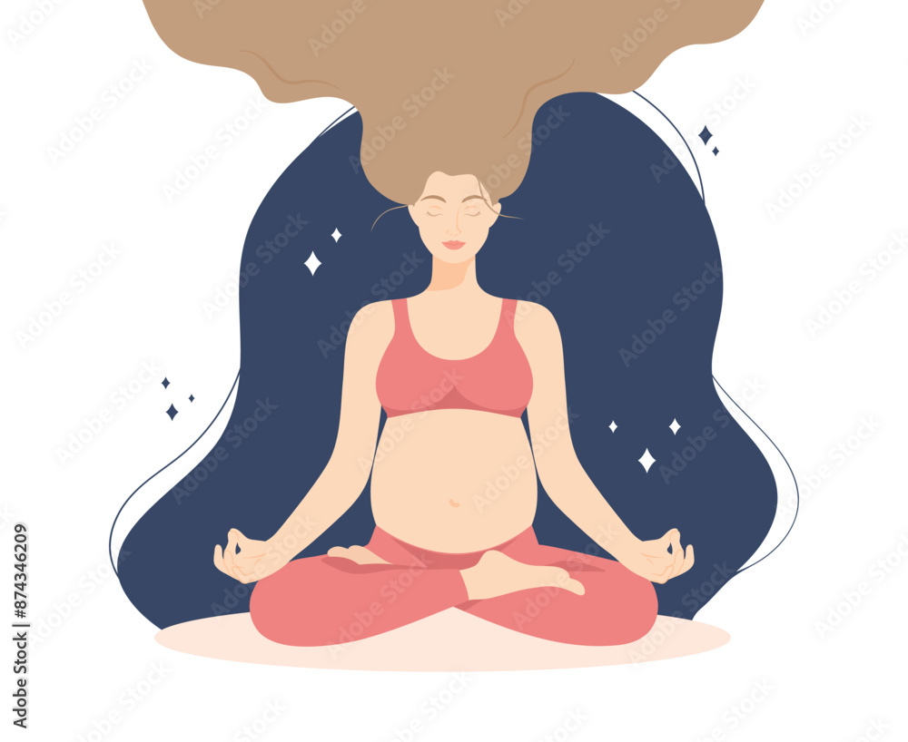 Smiling pregnant woman sitting in lotus pose. Meditating pregnant female practicing perinatal yoga on night sky background. Healthy pregnancy concept Smiling pregnant woman sitting in lotus pose. Meditating pregnant female practicing perinatal yoga on night sky background. Healthy pregnancy concept