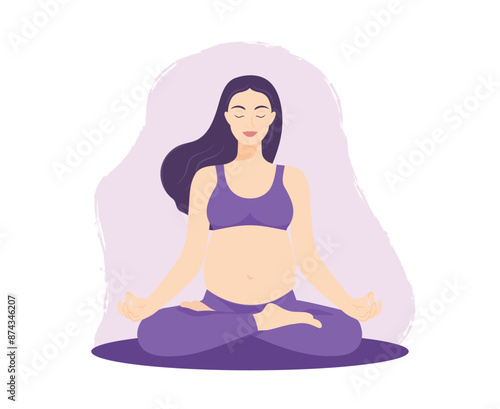 Smiling pregnant woman sitting in lotus pose. Meditating pregnant female practicing perinatal yoga. Healthy pregnancy concept
