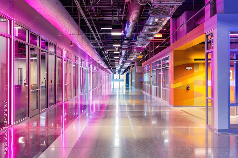 Fototapeta premium Modern office corridor with vibrant colors and reflective floor.