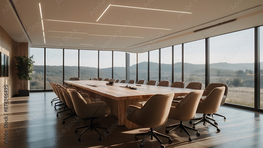 A spacious modern conference room with a long wooden table Ai Generate A spacious modern conference room with a long wooden table Ai Generate