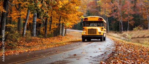 A yellow school bus is driving down a road with leaves on the ground photo