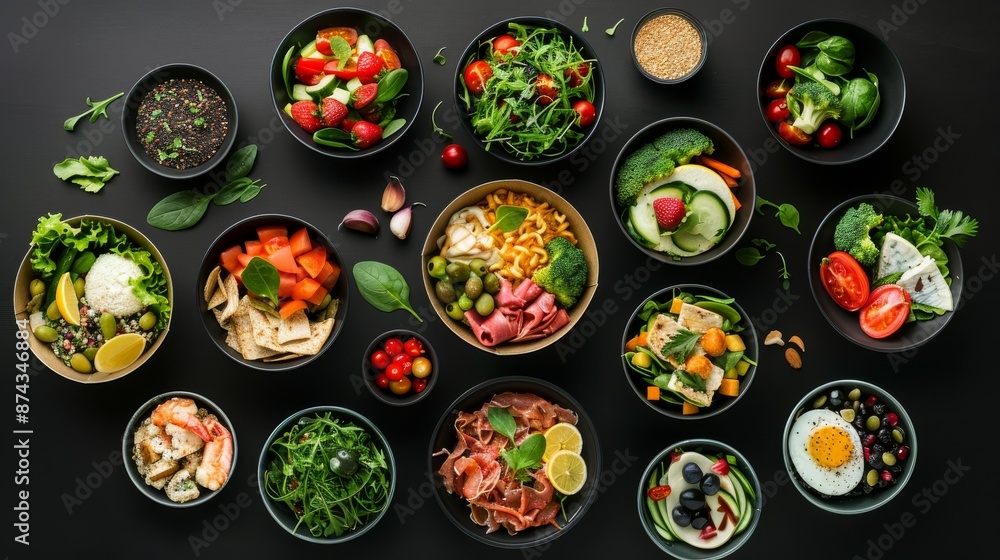 flat lay of various healthy food in paper bowls on black background, top view, natural light, professional color grading, clear and sharp focus, minimalistic staging, stock photography. Generative AI flat lay of various healthy food in paper bowls on black background, top view, natural light, professional color grading, clear and sharp focus, minimalistic staging, stock photography. Generative AI