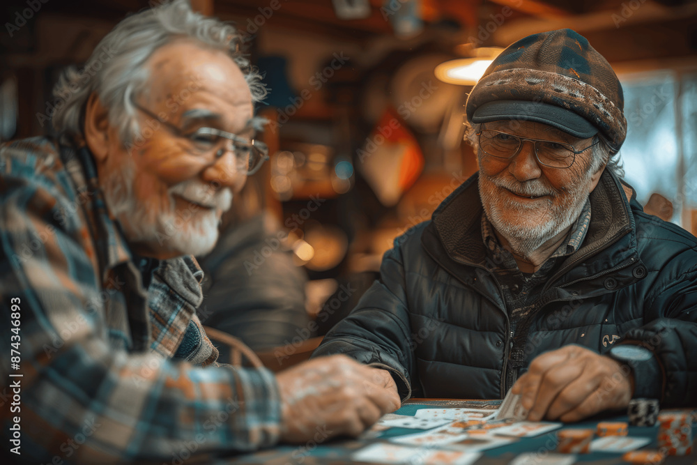 Cheerful senior men enjoying a card game together at home, hot coffee on the table, relaxed atmosphere, in the kitchen, sharp and clear photo with natural light Cheerful senior men enjoying a card game together at home, hot coffee on the table, relaxed atmosphere, in the kitchen, sharp and clear photo with natural light