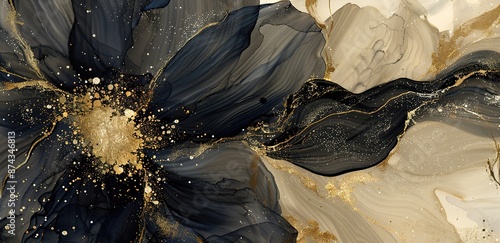 Illustration of a flower with black petals and white and gold, on a light brown background