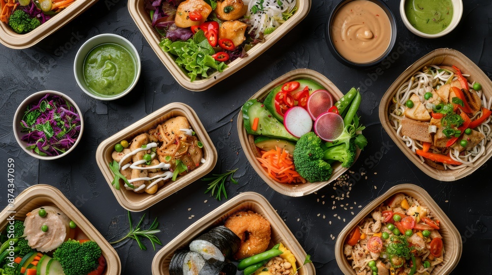 flat lay of various healthy food in paper bowls on black background, top view, natural light, professional color grading, clear and sharp focus, minimalistic staging, stock photography. Generative AI flat lay of various healthy food in paper bowls on black background, top view, natural light, professional color grading, clear and sharp focus, minimalistic staging, stock photography. Generative AI