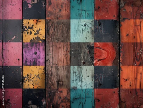 Close-up of colorful, weathered checkered wooden panels with peeling paint and rustic textures, creating a vintage and eclectic look.