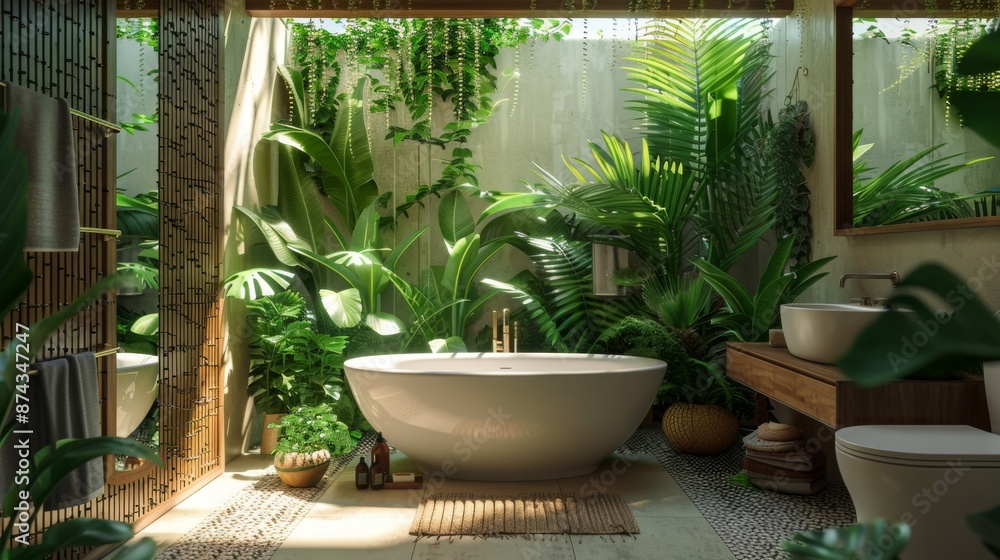 A modern bathroom with a freestanding tub surrounded by lush greenery and natural light. The space is open to the outdoors, creating a sense of calm and relaxation. A modern bathroom with a freestanding tub surrounded by lush greenery and natural light. The space is open to the outdoors, creating a sense of calm and relaxation.
