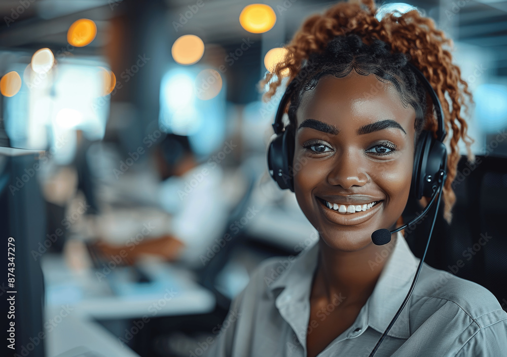 Smiling Black Female Call Center Agent with Headset in Busy Modern Office Smiling Black Female Call Center Agent with Headset in Busy Modern Office