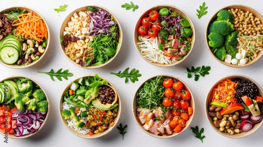 Top down view of a variety of healthful foods in paper containers on a white background; idea for fast Asian food restaurant or meal delivery service. copy space. Generative AI Top down view of a variety of healthful foods in paper containers on a white background; idea for fast Asian food restaurant or meal delivery service. copy space. Generative AI