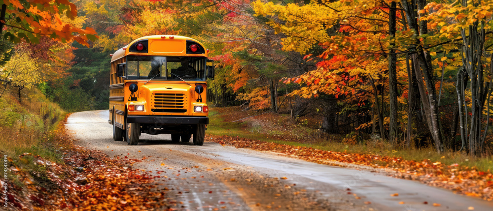 Obraz premium A yellow school bus is driving down a road with autumn leaves on the ground