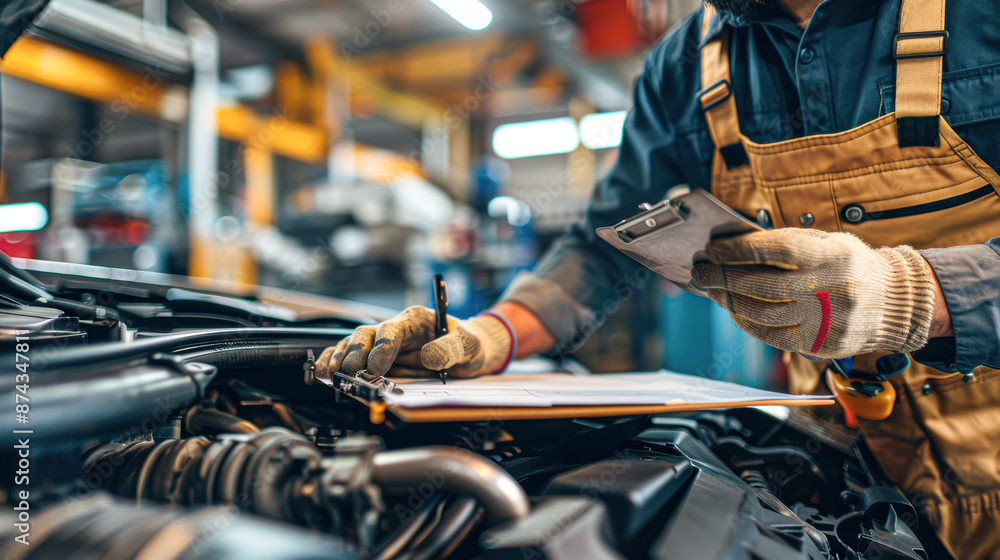 A mechanic is writing on a clipboard while working on a car A mechanic is writing on a clipboard while working on a car
