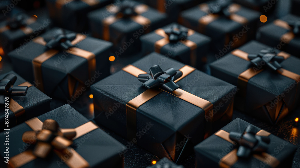 A row of black boxes with gold bows on them A row of black boxes with gold bows on them