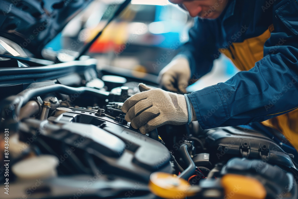 A mechanic is working on a car engine A mechanic is working on a car engine
