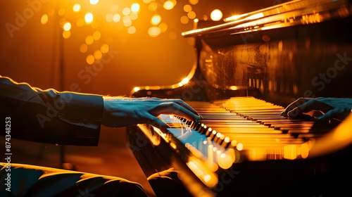 Virtuosic Classical Pianist Performs on Grand Piano Illuminated by Spotlight photo