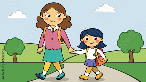mother and her daughter comes to school