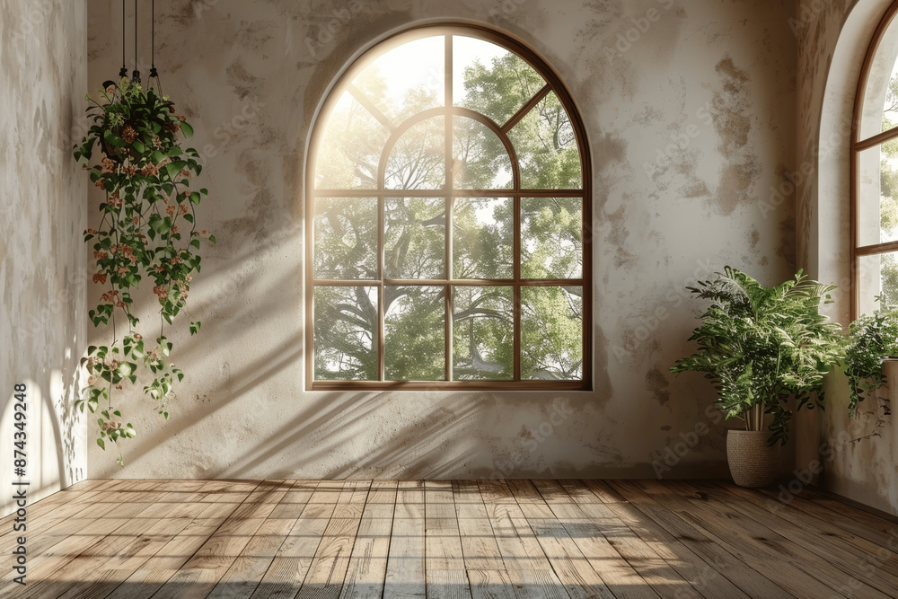 Minimalist empty room interior with beige wall, wooden floor, arched window, plant, photorealistic 3D rendering, bright daylight Minimalist empty room interior with beige wall, wooden floor, arched window, plant, photorealistic 3D rendering, bright daylight