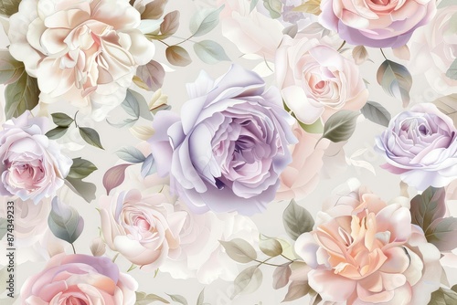 Beautiful seamless floral pattern with delicate roses in pastel shades of pink, purple and white.