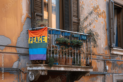 Italian Balcony with Rainbow Flag and Peace Sign in Rome's Historic Urban Landscape on a Sunny Day