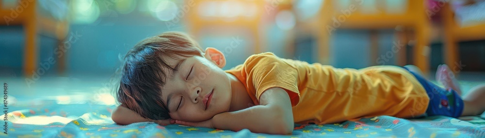 Kindergarten student napping on a mat, rest time concept, selective focus, relaxation theme, ethereal, blend mode, nap area backdrop Kindergarten student napping on a mat, rest time concept, selective focus, relaxation theme, ethereal, blend mode, nap area backdrop