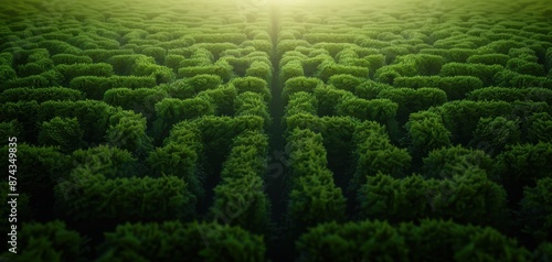 A maze of green trees with a sun shining through the leaves