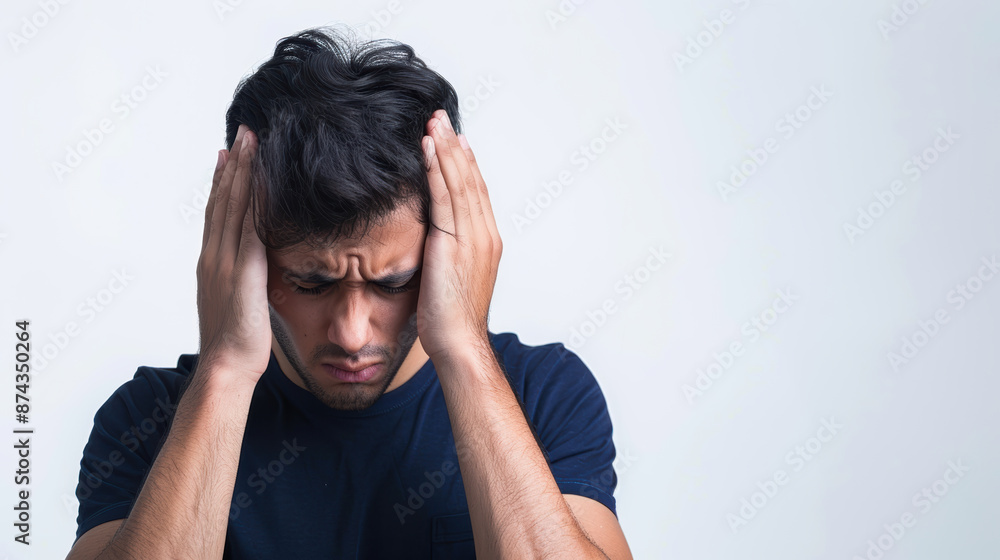 Person holding their head in pain, headache, on white background, with white space,for stocking photo --ar 16:9 Job ID: d1e21bcb-28eb-4865-be52-48faea22ae4c Person holding their head in pain, headache, on white background, with white space,for stocking photo --ar 16:9 Job ID: d1e21bcb-28eb-4865-be52-48faea22ae4c