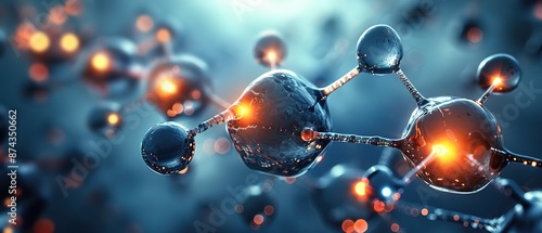 A collection of blue molecules with an orange flame and a blue blur effect background