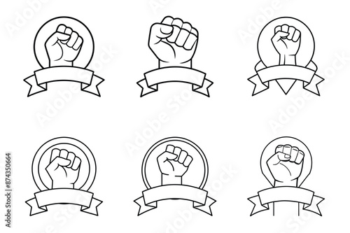 A hand clenched into a fist infront of ribbon for Labour Day concept line art vector illustration design Bundle set.