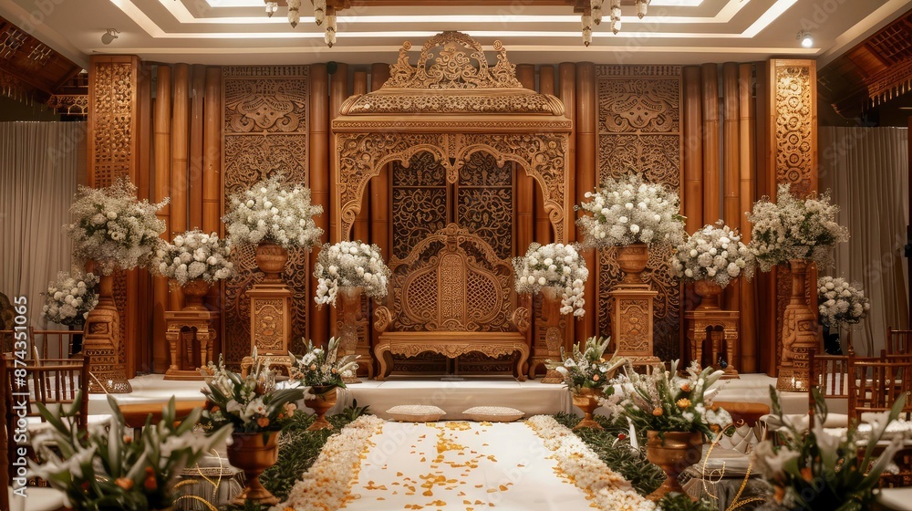 Intricate wooden carvings and delicate white flowers adorn a traditional wedding ceremony setup, creating a stunning and elegant ambiance. Intricate wooden carvings and delicate white flowers adorn a traditional wedding ceremony setup, creating a stunning and elegant ambiance.