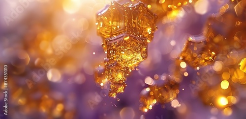 A collection of golden yellow molecules and twinkling around them with a purple background with a blur effect