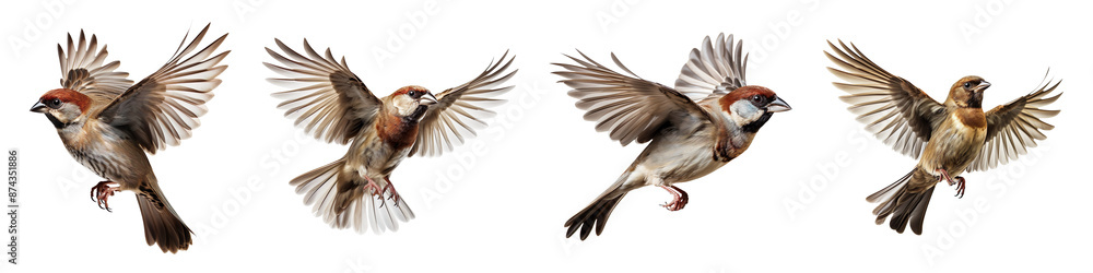 Collection set of flying Sparrows isolated on transparent background Collection set of flying Sparrows isolated on transparent background