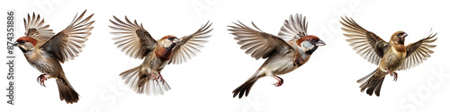 Collection set of flying Sparrows isolated on transparent background