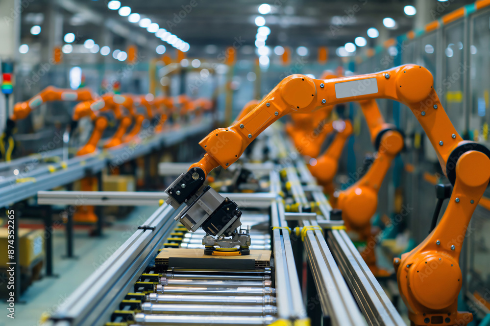 Robotic arms working on a production line, assembling products in a modern factory Robotic arms working on a production line, assembling products in a modern factory